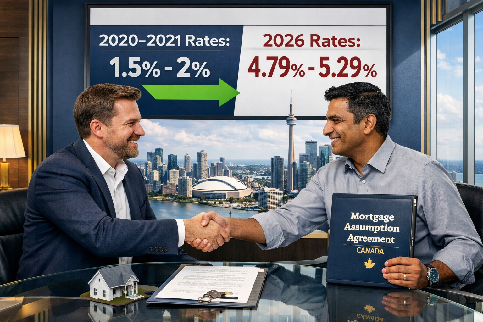 Wide-angle editorial illustration showing two Canadians shaking hands over a mortgage document on a glass desk, with a large