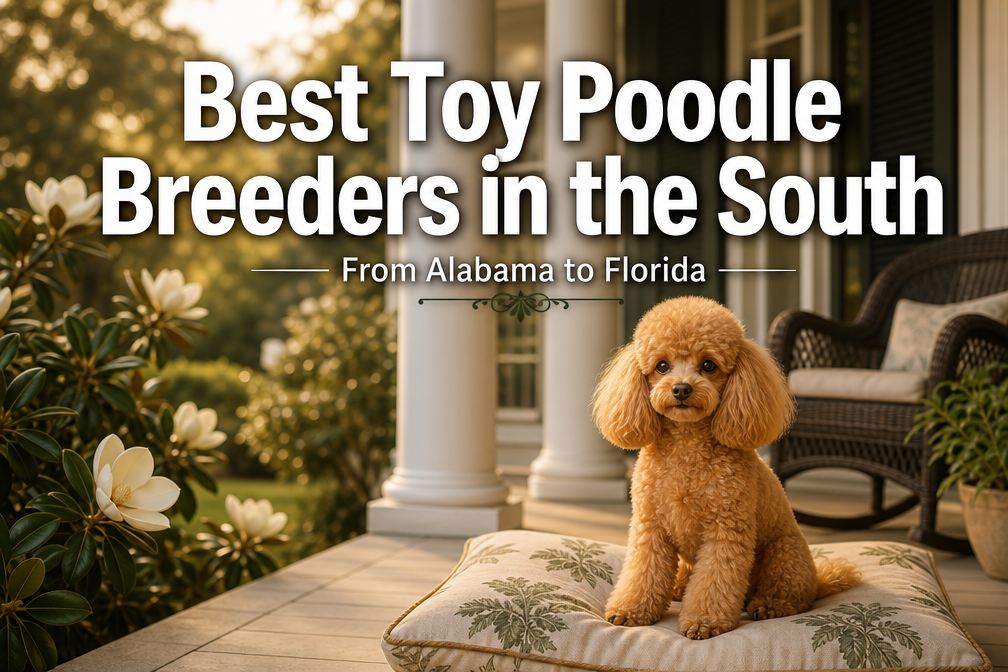 Professional () hero image featuring 'Best Toy Poodle Breeders in the South' in extra large white with dark , centered in