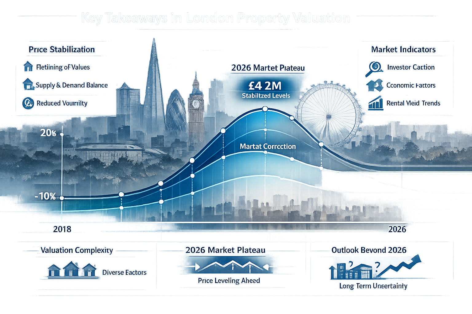 Landscape editorial infographic visualizing 'Key Takeaways' in London property valuation, featuring a dynamic multi-layered