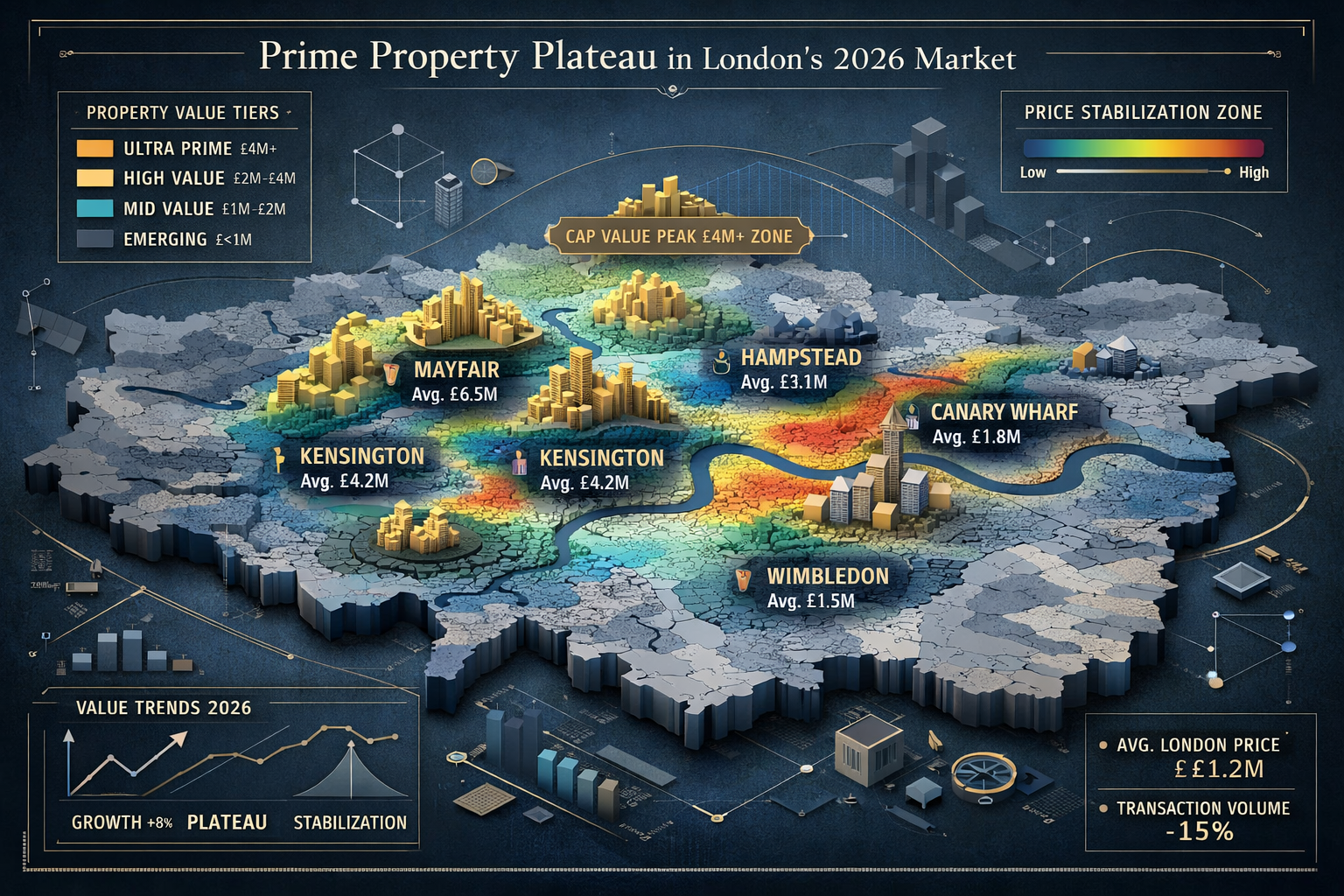 Comprehensive landscape visualization exploring 'Prime Property Plateau in London's 2026 Market', depicting geographically