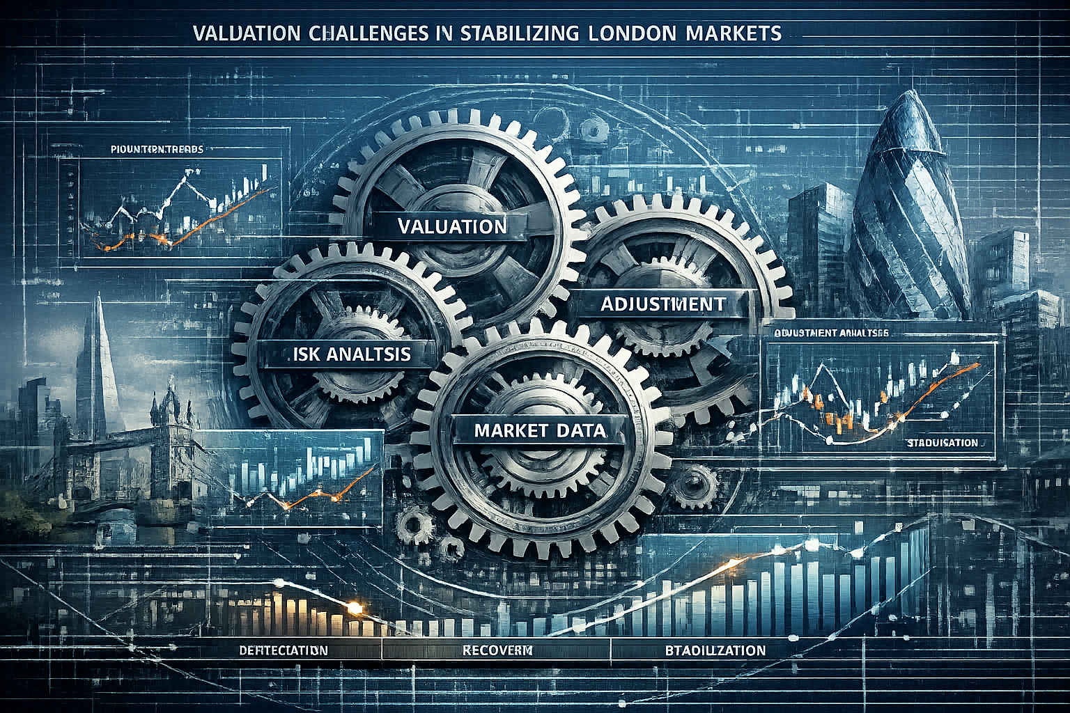 Sophisticated landscape illustration representing 'Valuation Challenges in Stabilizing London Markets', featuring a complex