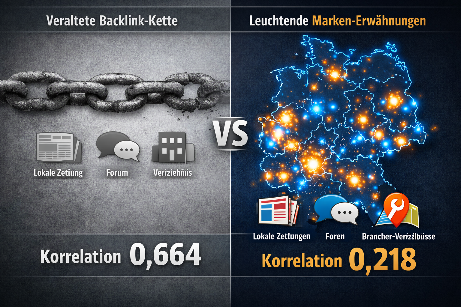Detailliertes Querformat () Bild zeigt Split-Screen-Vergleich: Links traditionelle Backlink-Kette als verblassende