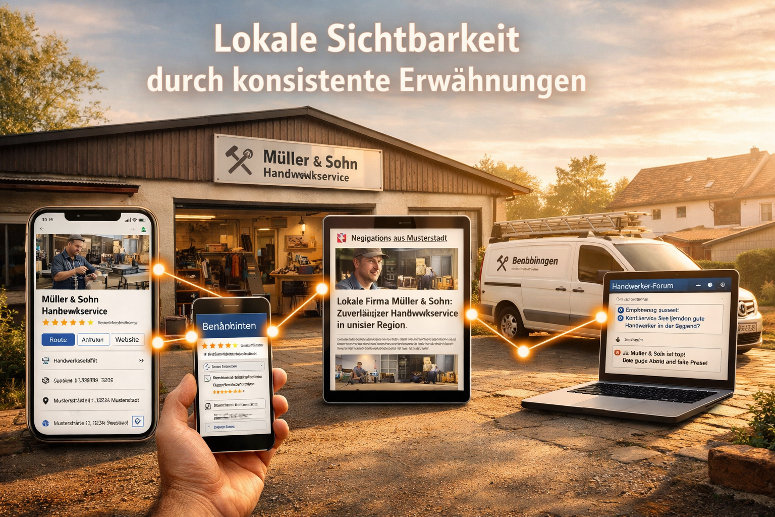 Detailliertes Querformat () Bild zeigt Handwerker-Betrieb von außen mit digitalen Erwähnungs-Layern: Smartphone-Screens