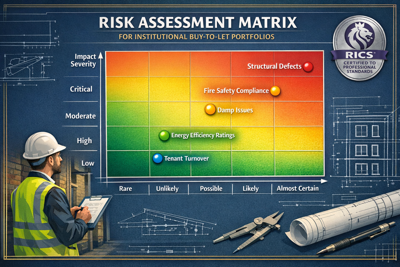 () detailed infographic showing risk assessment matrix for institutional buy-to-let portfolios, featuring color-coded grid