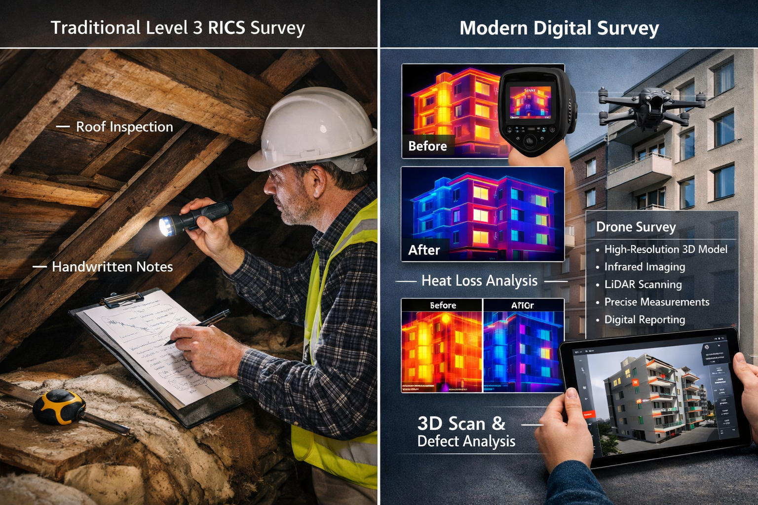() split-screen composition showing building survey methodologies comparison, left side displays traditional Level 3 RICS