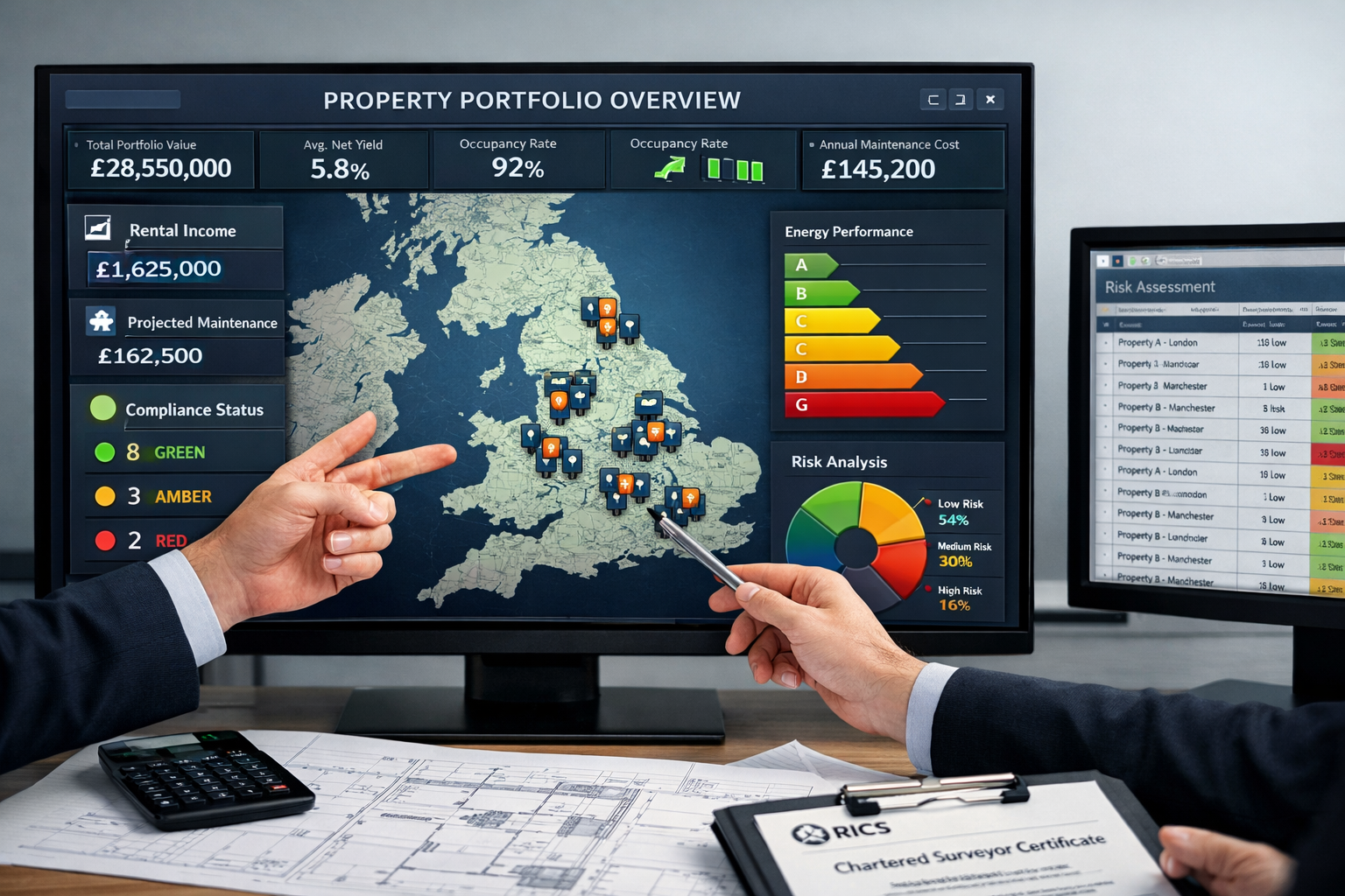 () professional portfolio management dashboard on large monitor screen showing multiple property assets across UK map with