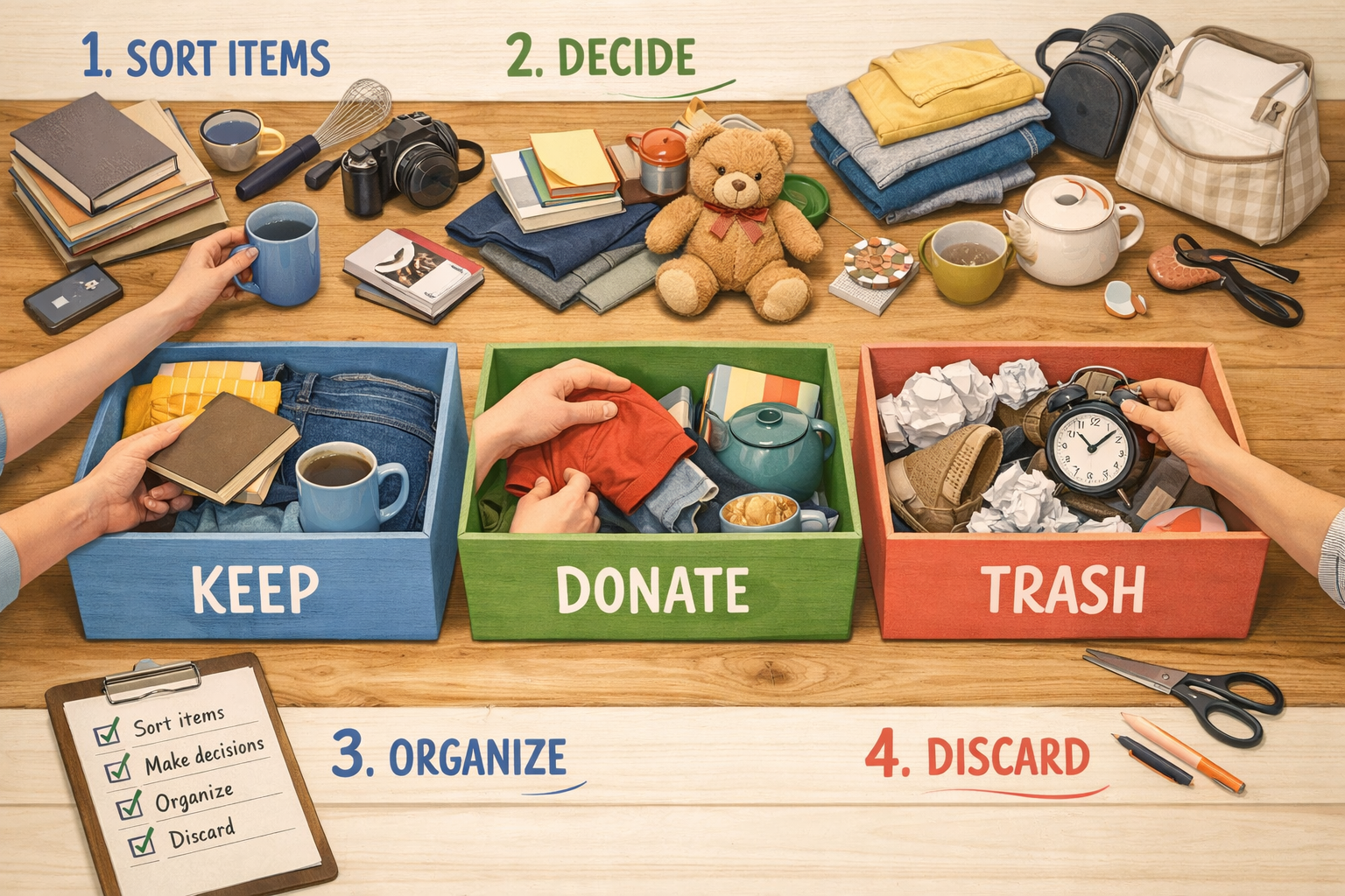 Landscape format (1536x1024) detailed illustration showing step-by-step decluttering process with numbered stages 1-4. Visual shows hands so