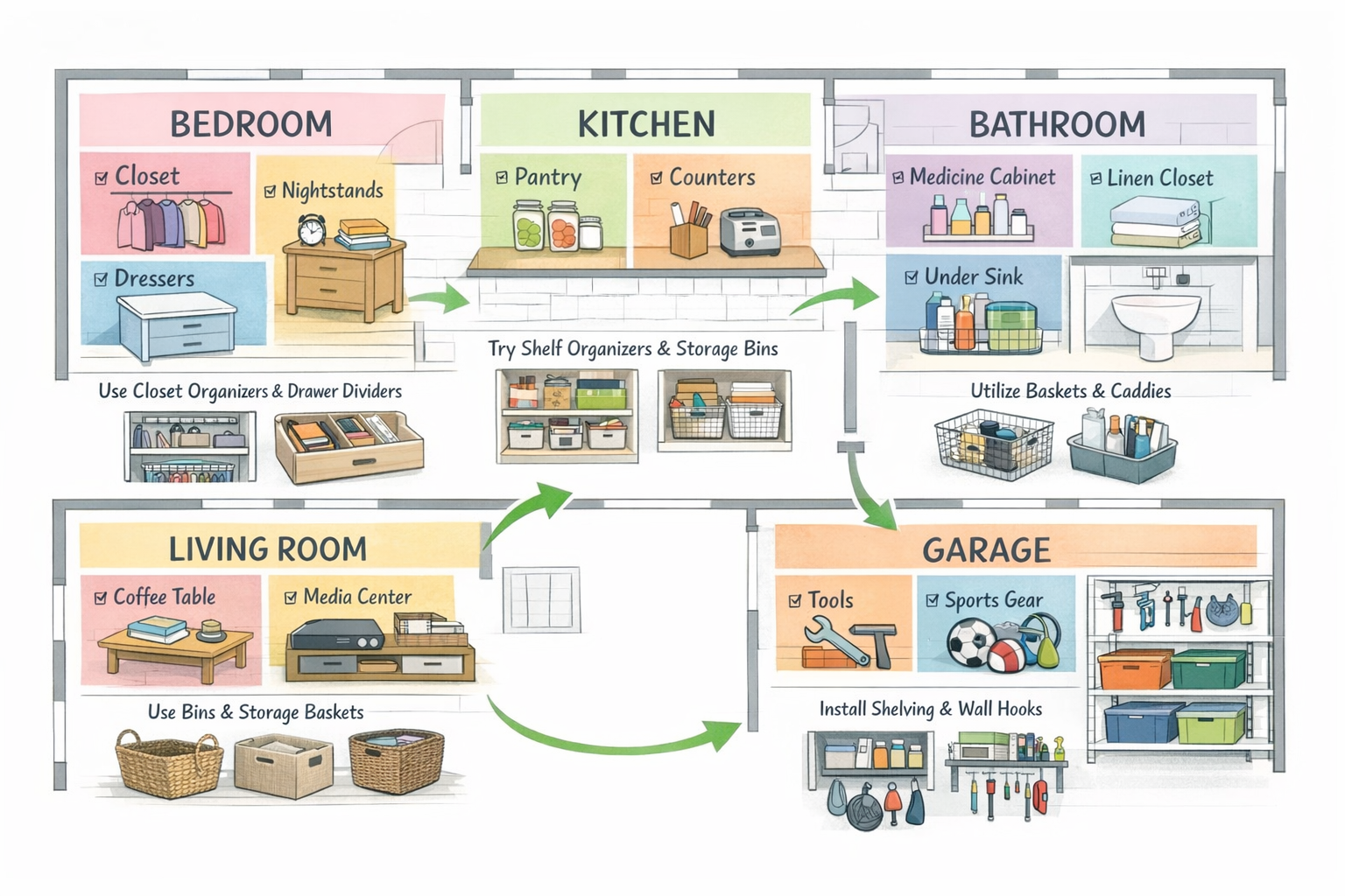 Landscape format (1536x1024) room-by-room decluttering infographic showing floor plan layout of home with labeled sections: bedroom, kitchen