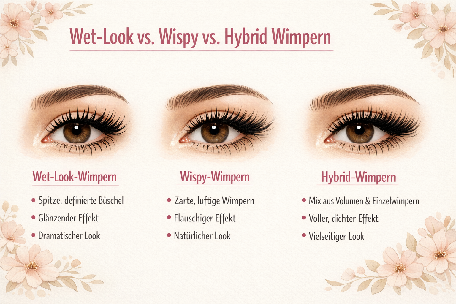 Querformat () Beauty-Infografik mit deutscher Beschriftung 'Wet-Look vs. Wispy vs. Hybrid Wimpern' als Überschrift in
