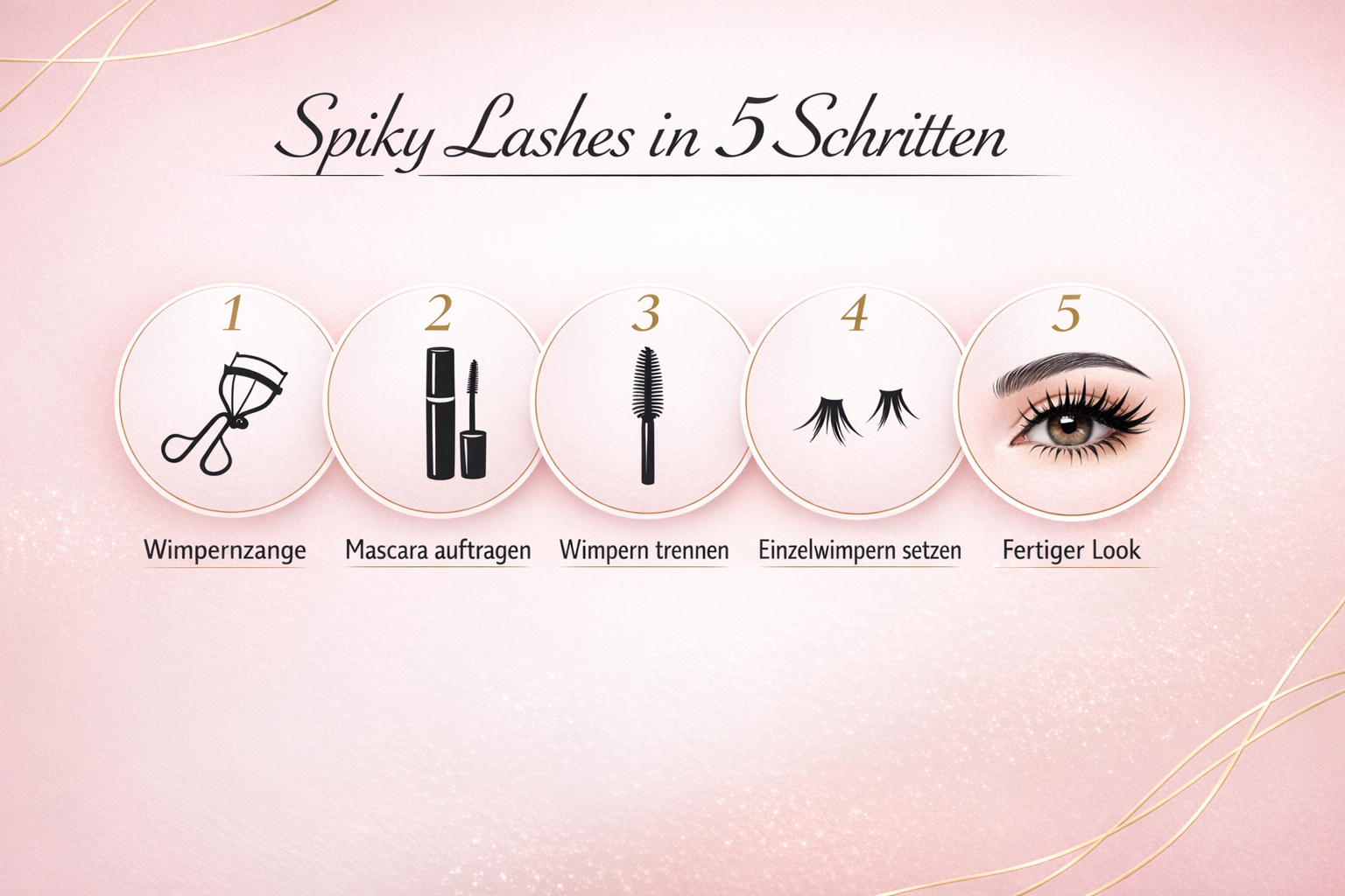 Querformat () Schritt-für-Schritt-Anleitung im Editorial-Stil. Überschrift 'Spiky Lashes in 5 Schritten' in eleganter