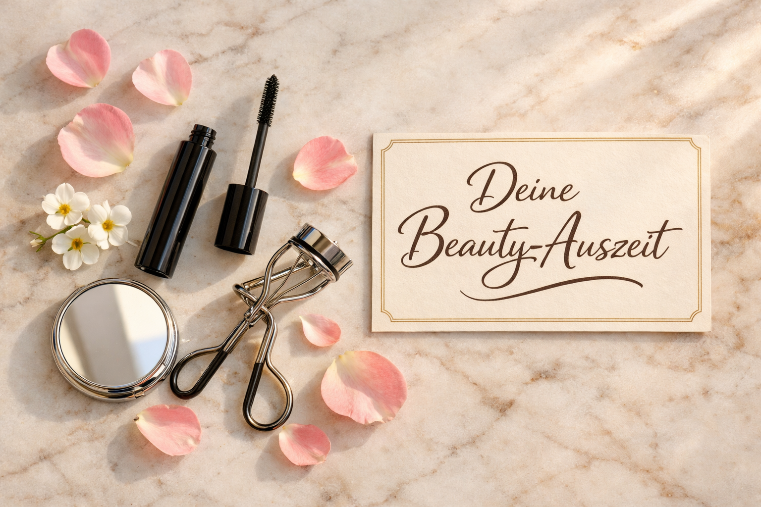 Querformat () Flatlay-Fotografie von oben auf einem Marmortisch. Arrangement aus Tubing-Mascara, spitzer Wimpernbürste,