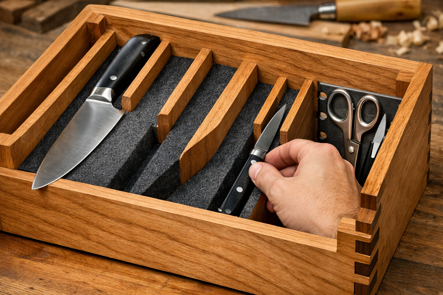Detailed landscape format (1536x1024) image focusing on the interior construction of a custom knife block. Visible elements include precisel