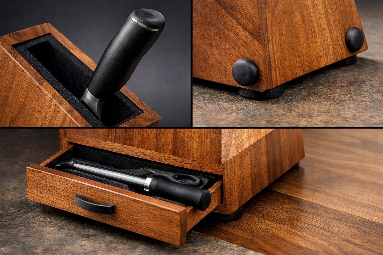 Landscape format (1536x1024) image illustrating various safety features of a knife block. One section shows a knife securely held in a deep,