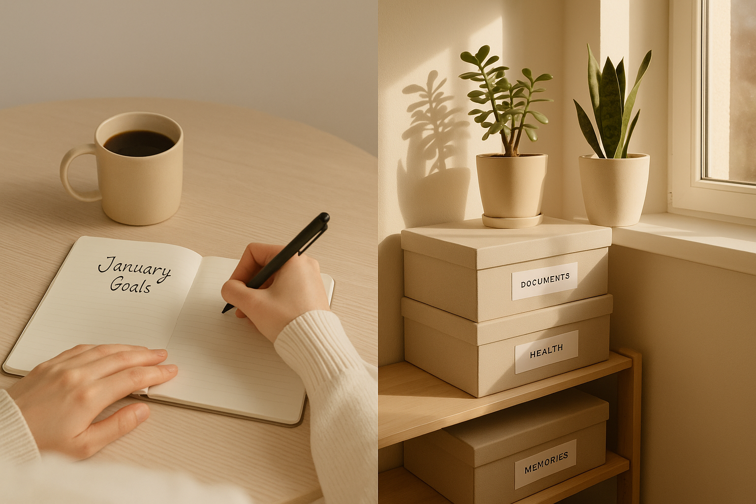 Landscape image (1536x1024) showing split composition of personal growth activities - left side features someone writing in journal with cof