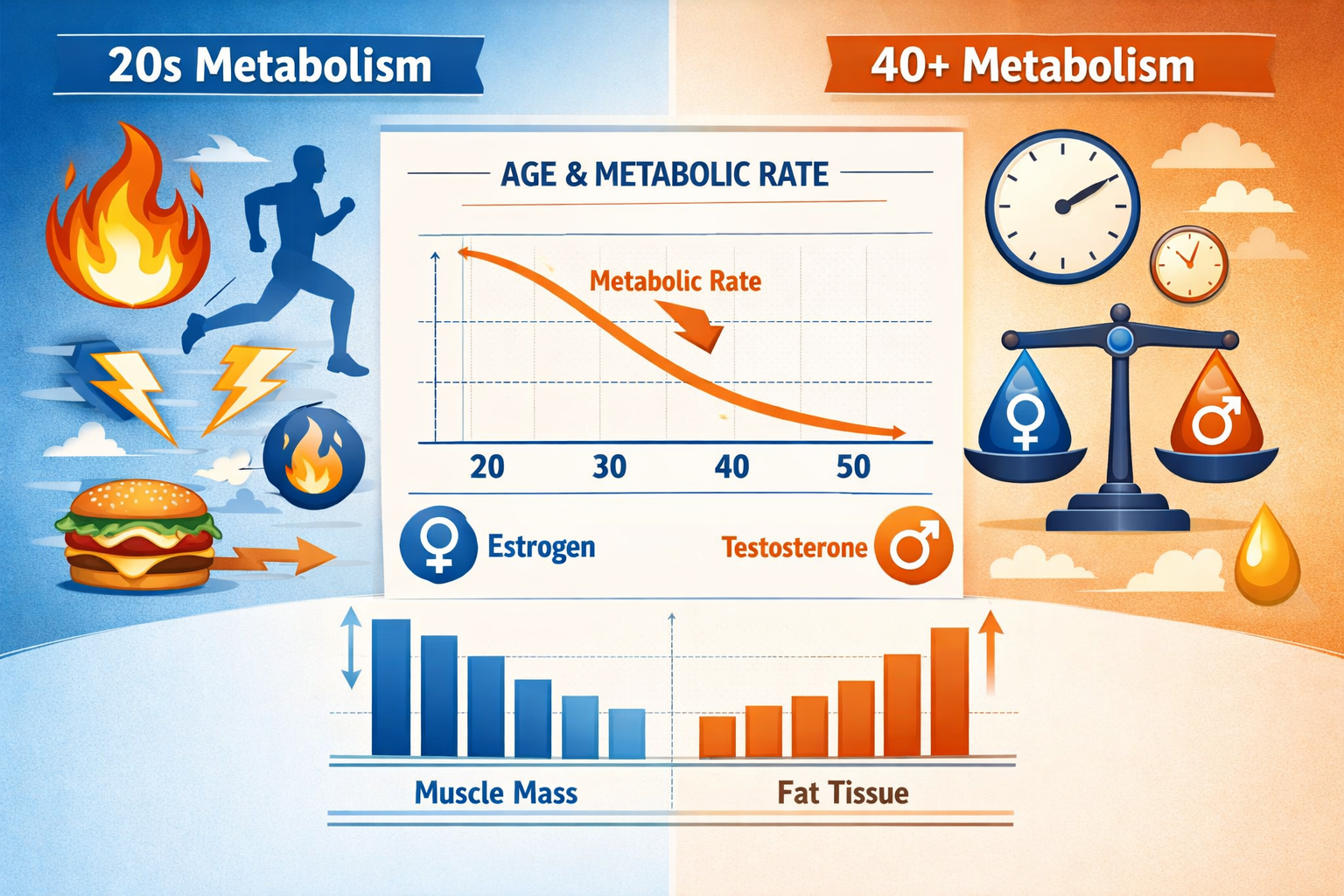 Editorial landscape image (1536x1024) showing metabolic slowdown concept with split-screen composition: left side displays '20s metabolism'