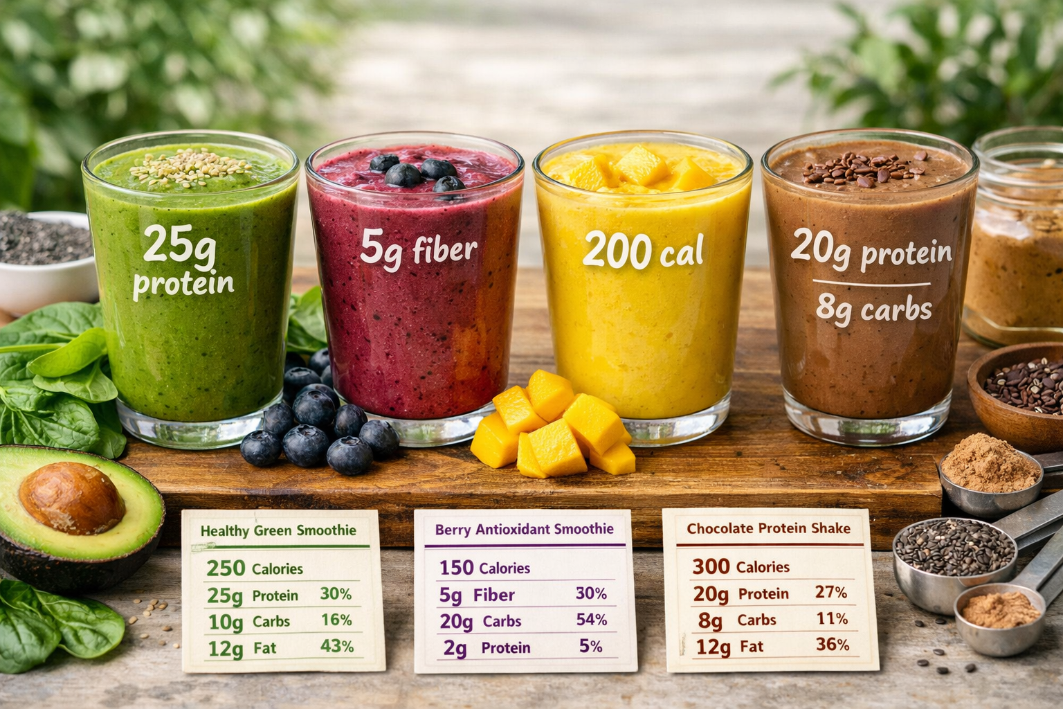 Detailed landscape image (1536x1024) featuring four vibrant smoothie glasses arranged in row on wooden cutting board, each labeled with macr