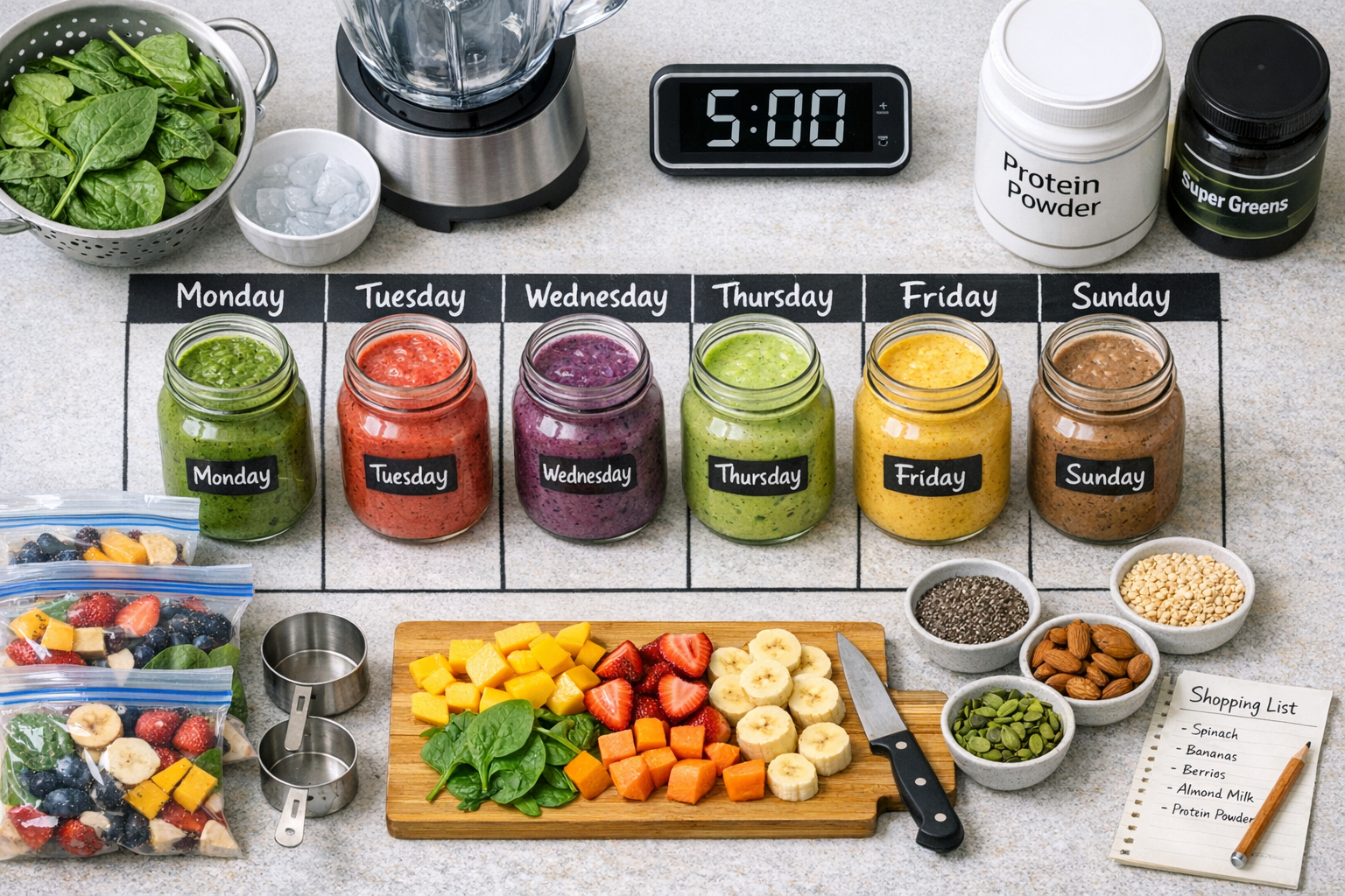 Practical landscape image (1536x1024) showing meal prep scene with seven mason jar smoothies arranged in weekly calendar grid format, each j