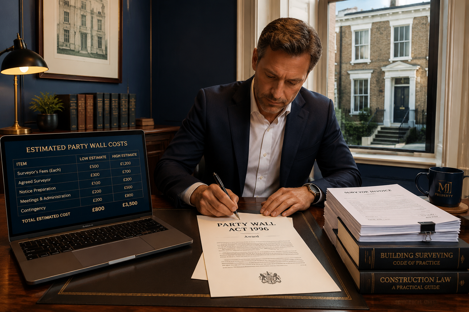 Wide-angle editorial illustration showing a building owner at a desk signing legal documents labeled 'Party Wall Act 1996'