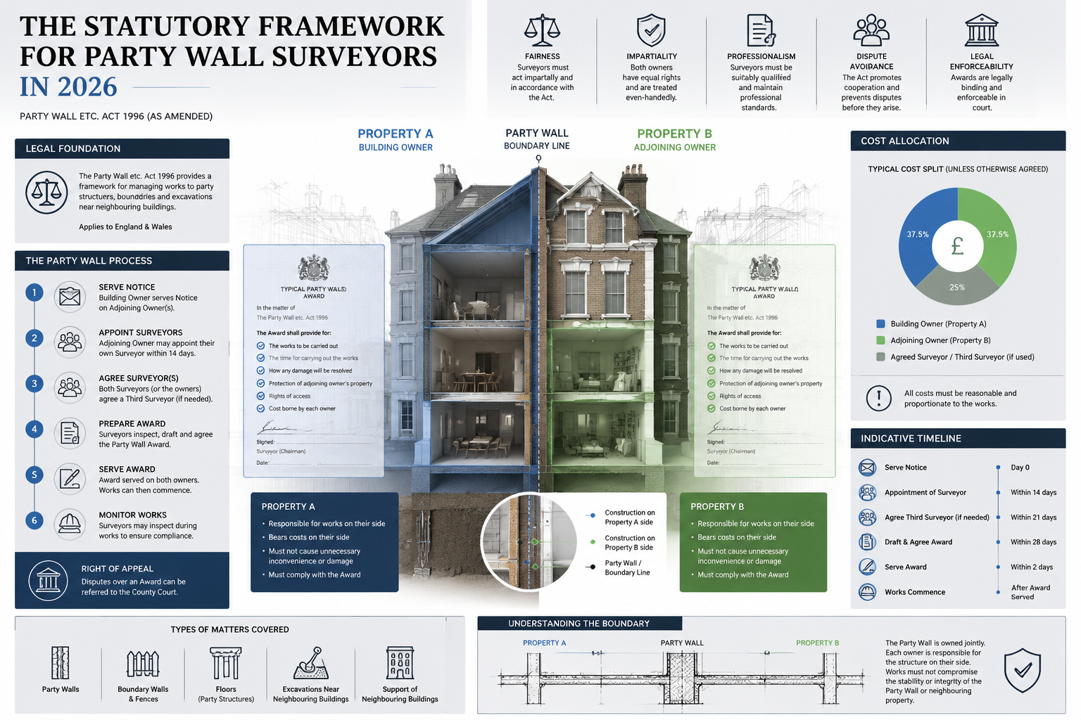 Detailed legal infographic illustrating 'The Statutory Framework for Party Wall Surveyors in 2026', featuring split-screen