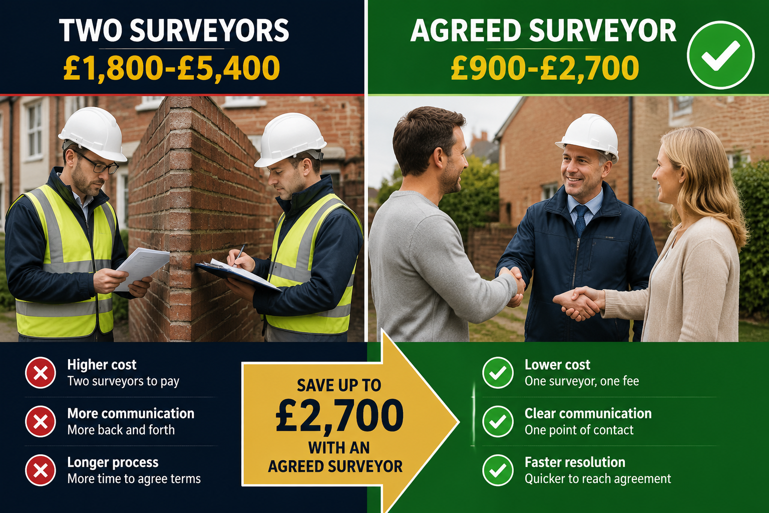 Split comparison infographic-style editorial image showing two side-by-side scenarios: left panel labeled 'Two Surveyors