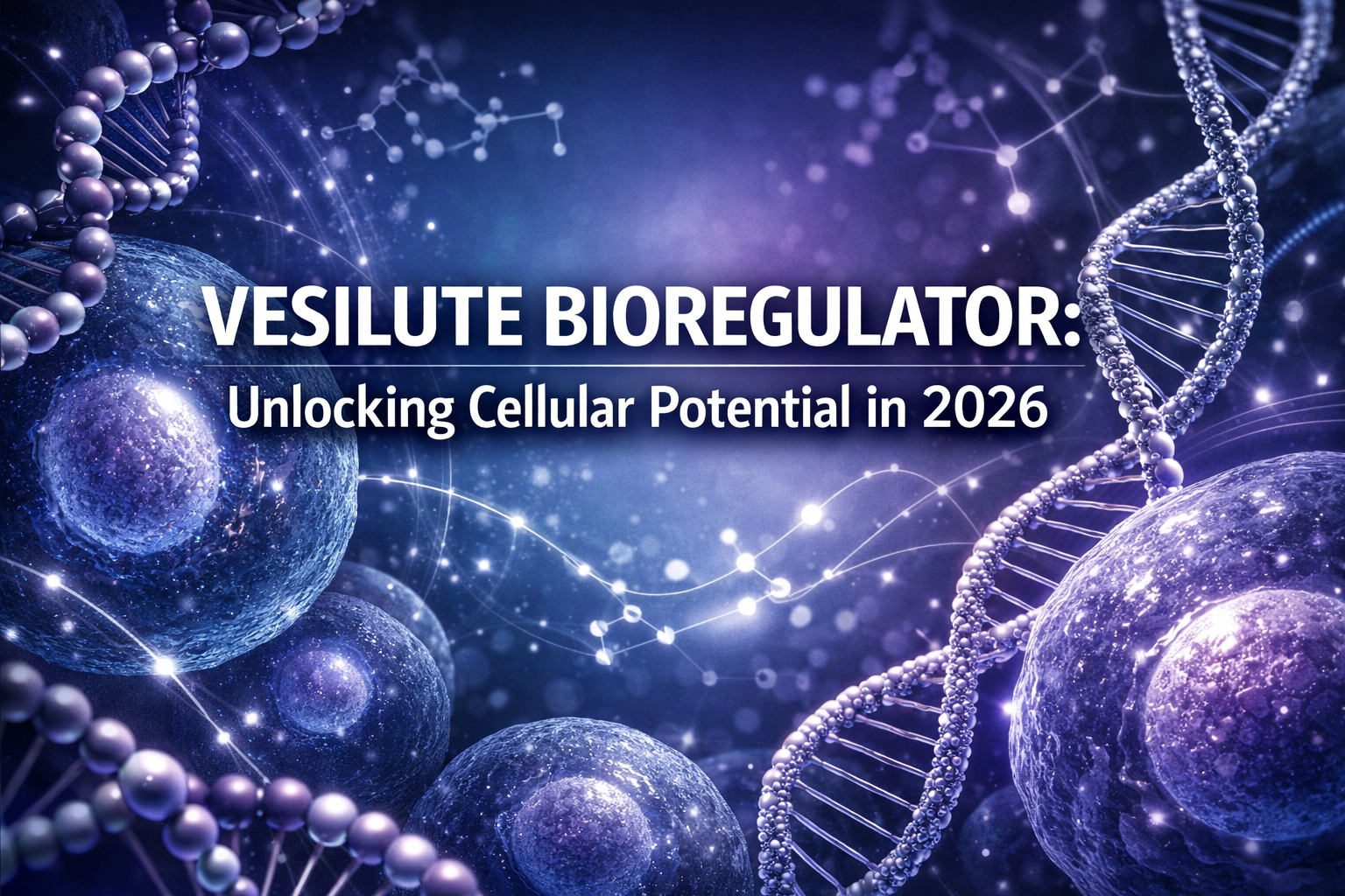 Professional landscape hero image (1536x1024) with bold text overlay: 'VESILUTE BIOREGULATOR: Unlocking Cellular Potential in 2026', modern 