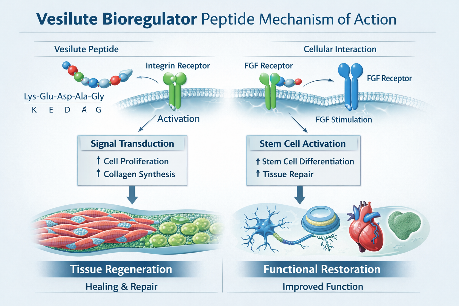 A detailed infographic illustrating the molecular structure and proposed mechanisms of action of the vesilute bioregulator peptide, showcasi