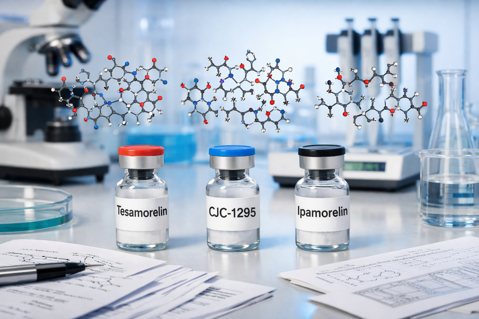 Scientific laboratory scene showing three distinct peptide vials labeled Tesamorelin, CJC1295, and Ipamorelin with molecular structure diagr