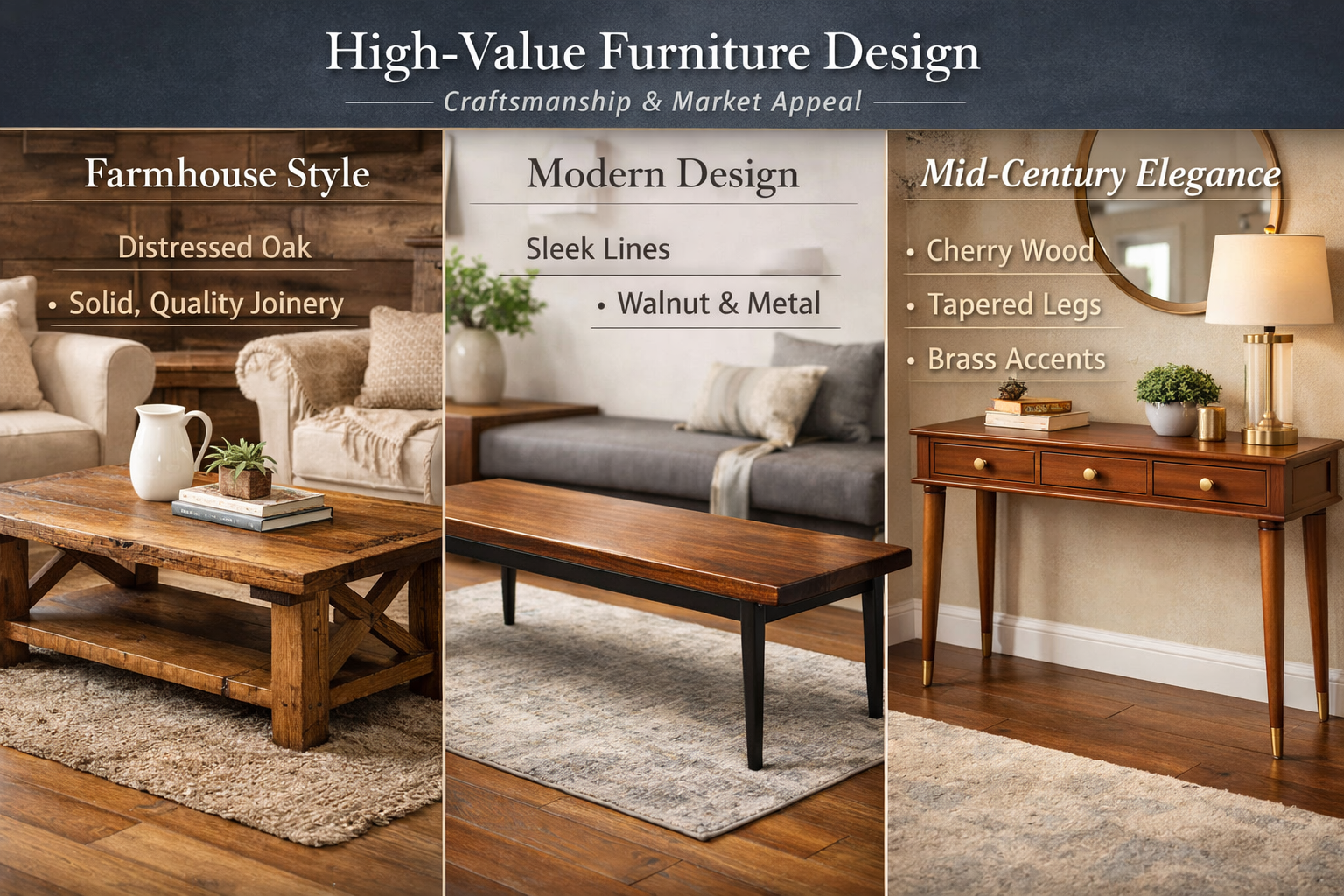 Landscape format (1536x1024) image illustrating the core design principles for high-value furniture. Three distinct vignettes are shown: one