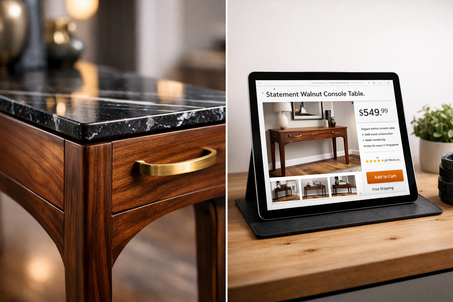 Landscape format (1536x1024) image focused on finishing and marketing high-value furniture in 2026. The left side showcases a close-up of a 