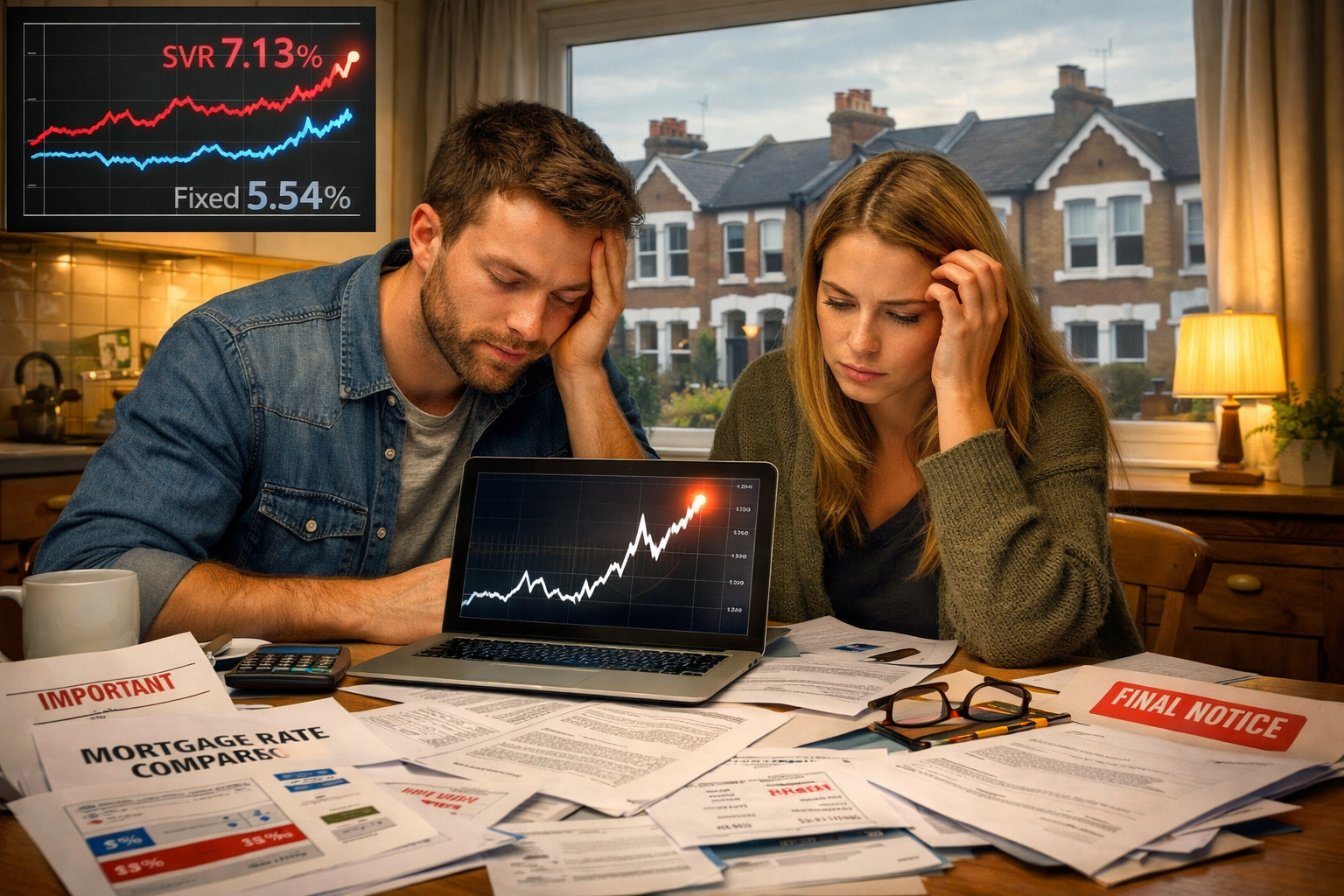 Wide-angle editorial photograph of a stressed UK homebuyer couple sitting at a kitchen table covered with mortgage rate