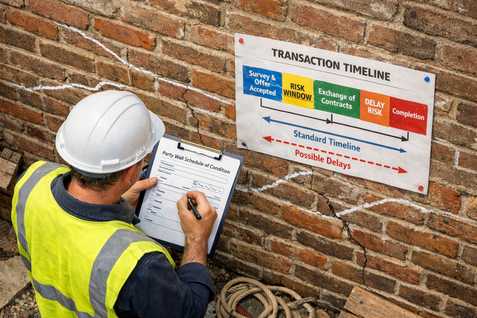 Overhead bird's-eye view of a UK party wall surveyor in a hard hat and hi-vis vest examining a shared brick wall between two