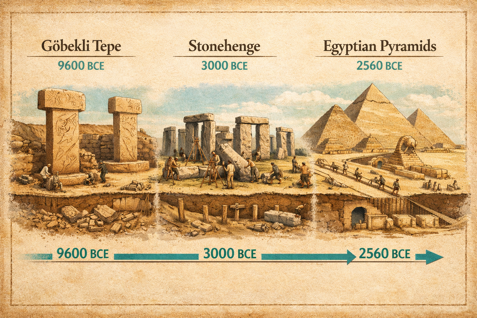 () detailed archaeological illustration showing a cross-section timeline comparison: G&ouml;bekli Tepe's massive T-shaped carved