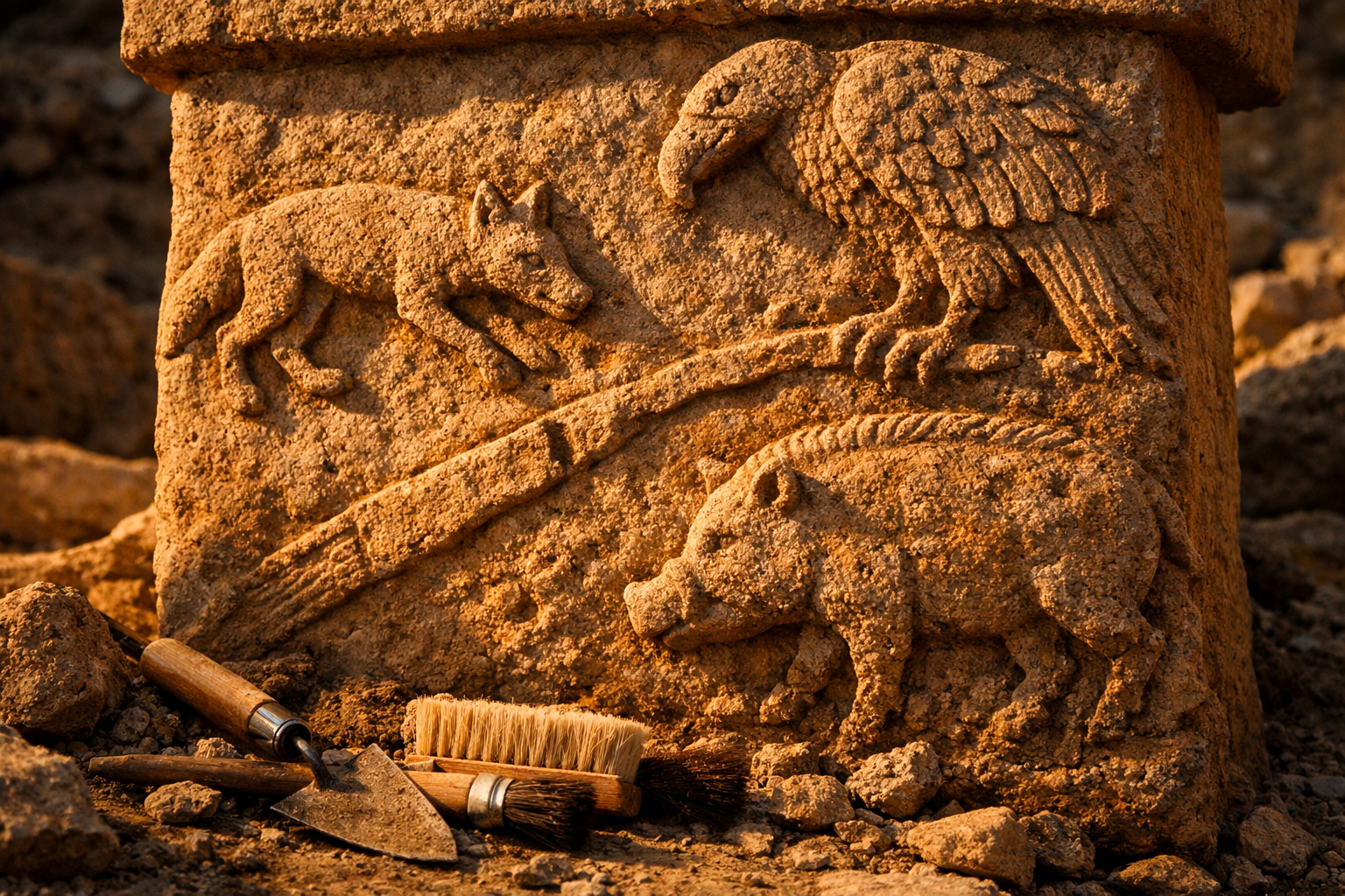() dramatic close-up photograph of intricately carved animal reliefs on a G&ouml;bekli Tepe T-shaped limestone pillar showing