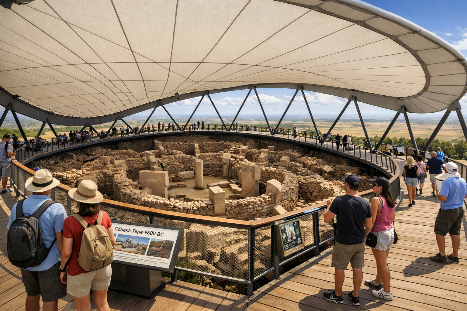 () wide-angle photograph of modern visitors walking along the elevated wooden boardwalk viewing platform at G&ouml;bekli Tepe