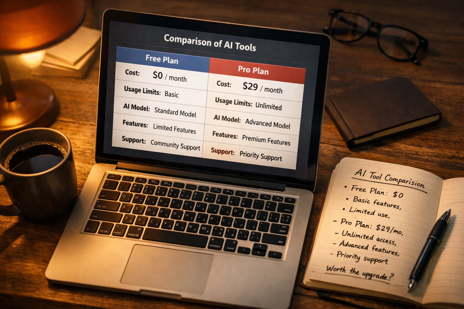 Landscape format (1536x1024) close-up overhead shot of a professional's desk with a laptop screen displaying a side-by-side AI tool pricing comparison table, coffee mug to the left, notebook with handwritten notes on the right, warm amber desk lamp glow, shallow depth of field, photorealistic editorial style, muted earth tones with bright screen contrast, focused on the decision-making process of choosing between free and paid AI plans