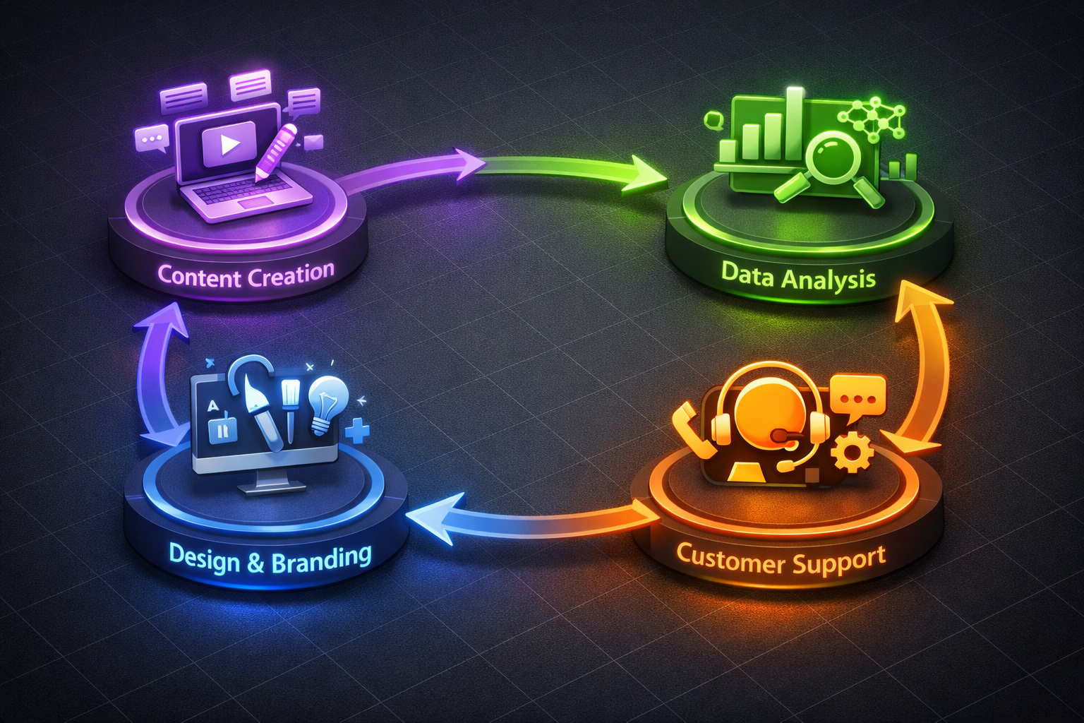 Landscape format (1536x1024) dynamic wide-angle visualization of a workflow diagram showing AI tools integrated into a business pipeline: arrows connecting content creation, data analysis, customer support, and design nodes, each node represented by a distinct glowing icon on a dark charcoal background, isometric 3D perspective, color-coded by category in purple, green, orange, and blue, clean tech-infographic aesthetic with subtle grid texture