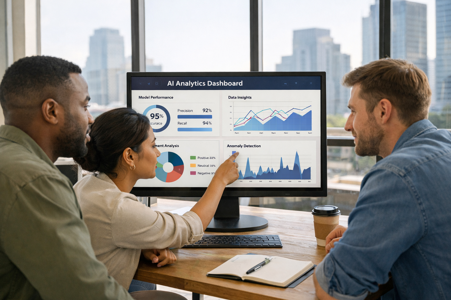 Landscape format (1536x1024) eye-level shot of a diverse team of three professionals gathered around a large monitor displaying an AI tool dashboard with analytics graphs, one person pointing at the screen, modern open-plan office with floor-to-ceiling windows and city skyline in background, natural daylight, candid editorial photography style, warm neutral tones, sharp focus on screen data and team interaction