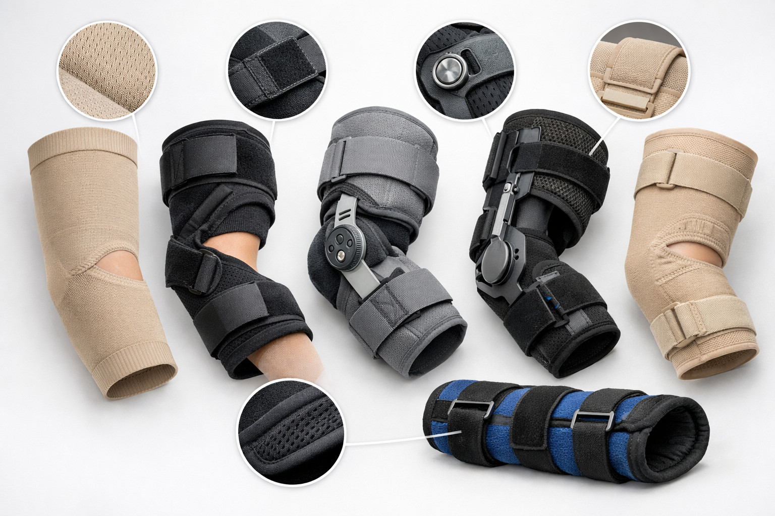 () medical illustration showing different types of arm braces suitable for long-term use arranged on a clean white