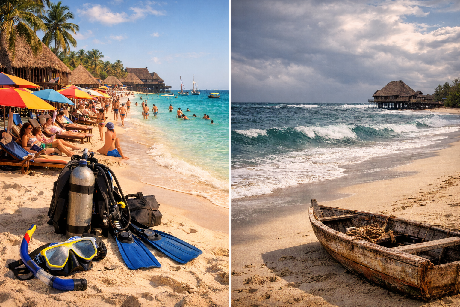 Professional landscape travel scene (1536x1024) depicting Zanzibar's varying crowd levels and sea conditions across seasons. Split-screen co