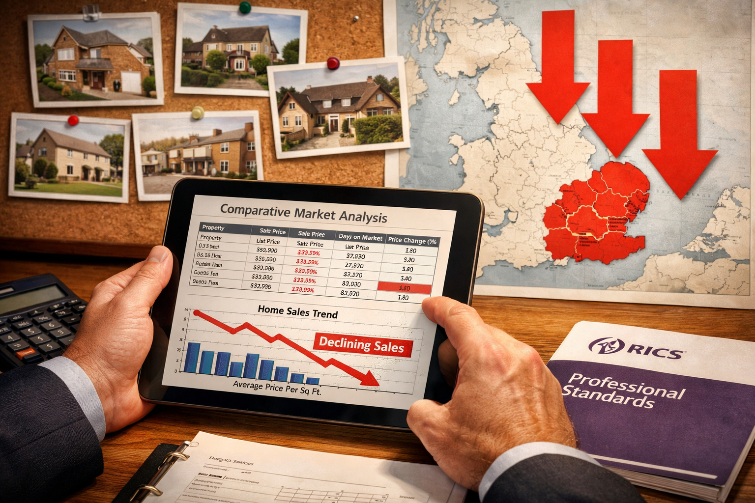 Detailed () image showing close-up of surveyor's hands holding digital tablet displaying comparative market analysis