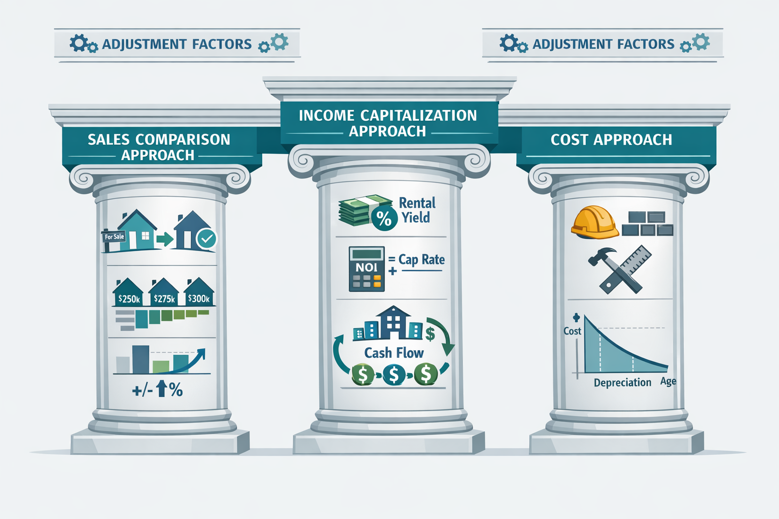 Comprehensive () infographic illustration displaying three distinct valuation approach pillars as architectural columns: