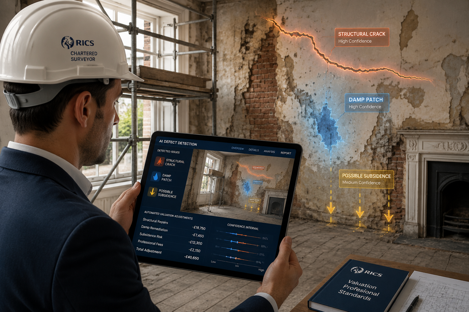 Wide-angle editorial illustration () showing a chartered surveyor in a hard hat and suit standing inside a partially