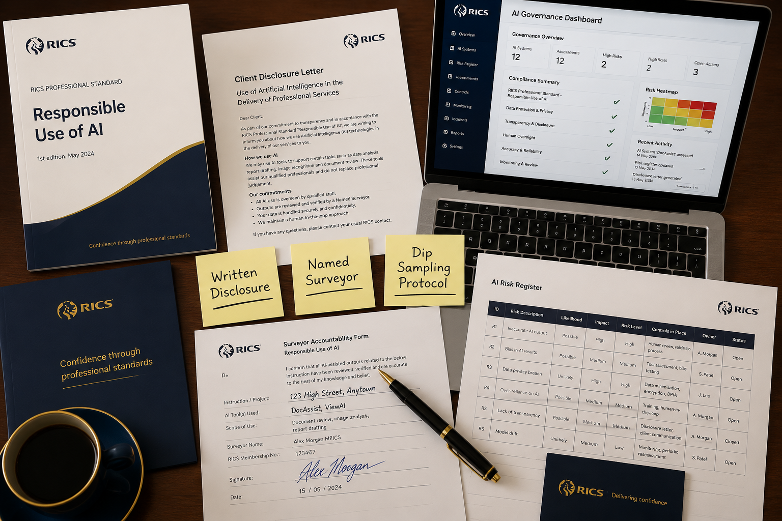Flat-lay overhead editorial photograph () of a large mahogany desk covered with RICS professional standard documents titled