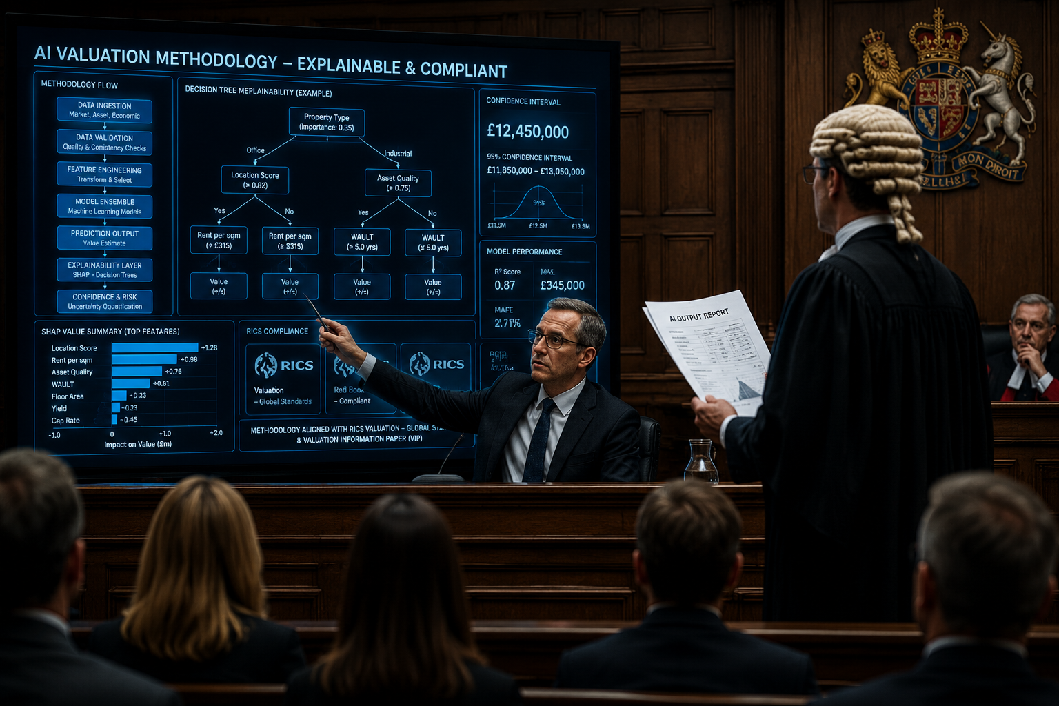 Dramatic courtroom-perspective editorial image () showing a witness stand from the jury's viewpoint, with a chartered