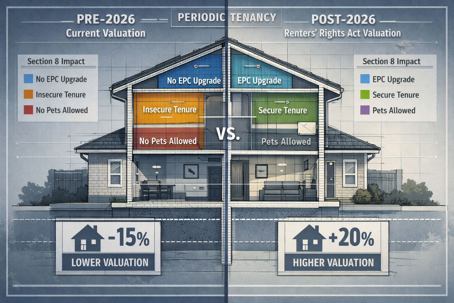 Architectural cross-section rendering of a periodic tenancy property, dynamically split to show pre-2026 and post-Renters'