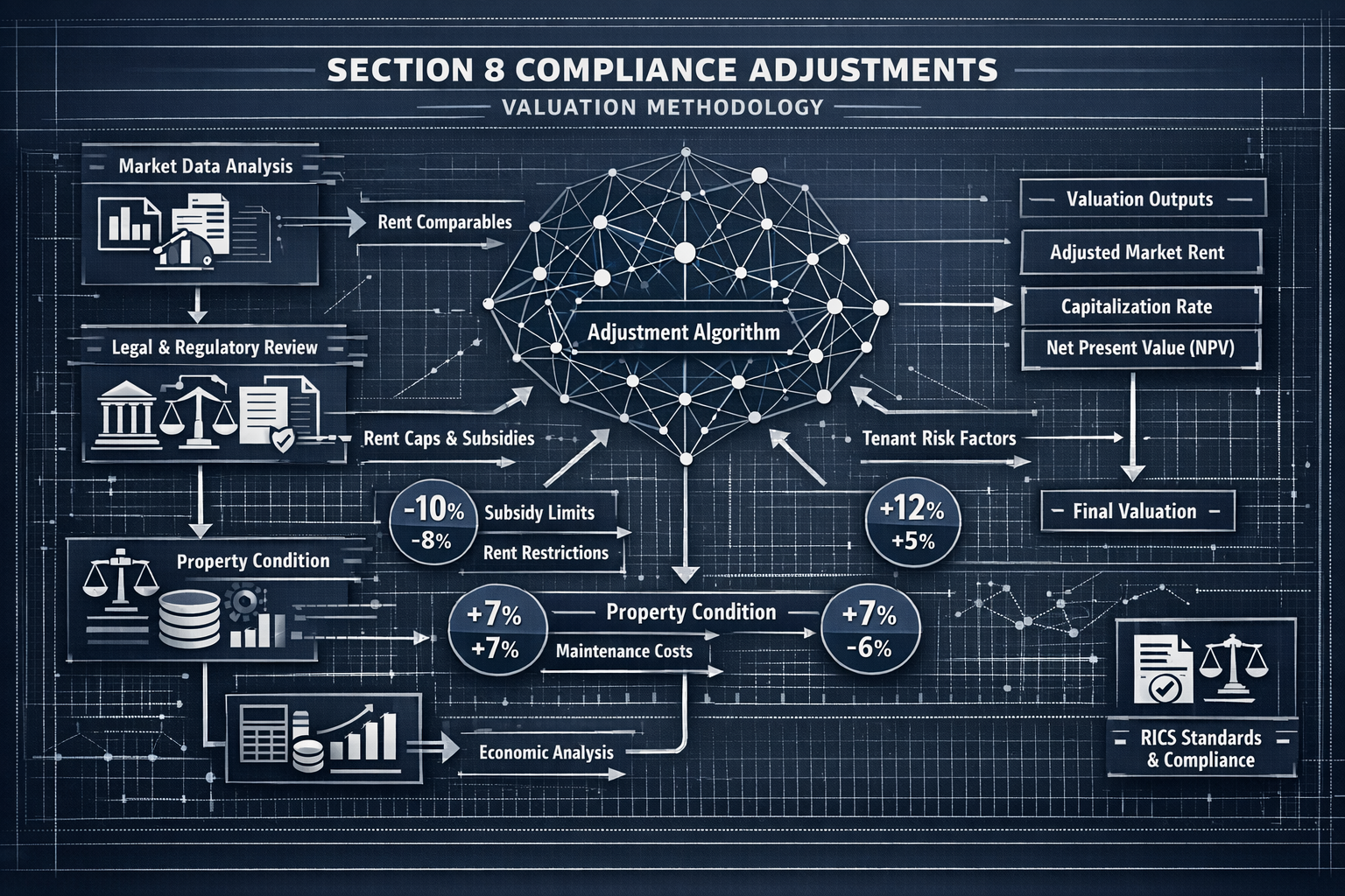 Technical RICS valuation methodology diagram featuring a complex flowchart mapping Section 8 compliance adjustments,