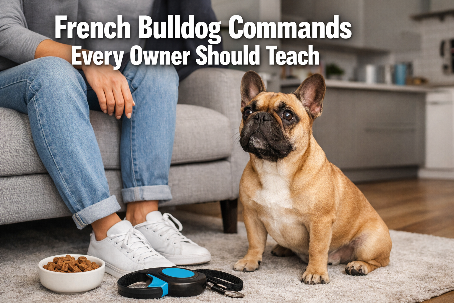 Professional landscape format (1536x1024) hero image featuring a well-behaved French Bulldog sitting attentively next to its owner in a mode