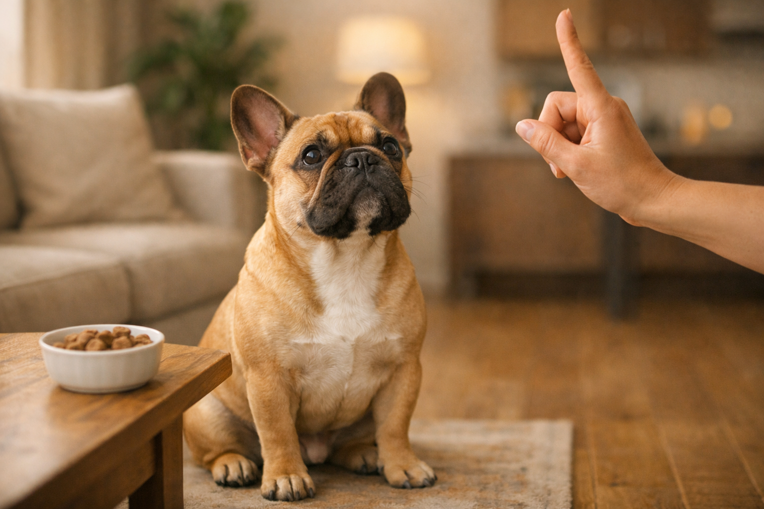 Portrait format (1024x1536) image showing a French Bulldog in perfect 'sit' position with owner's hand giving clear hand signal, indoor apar