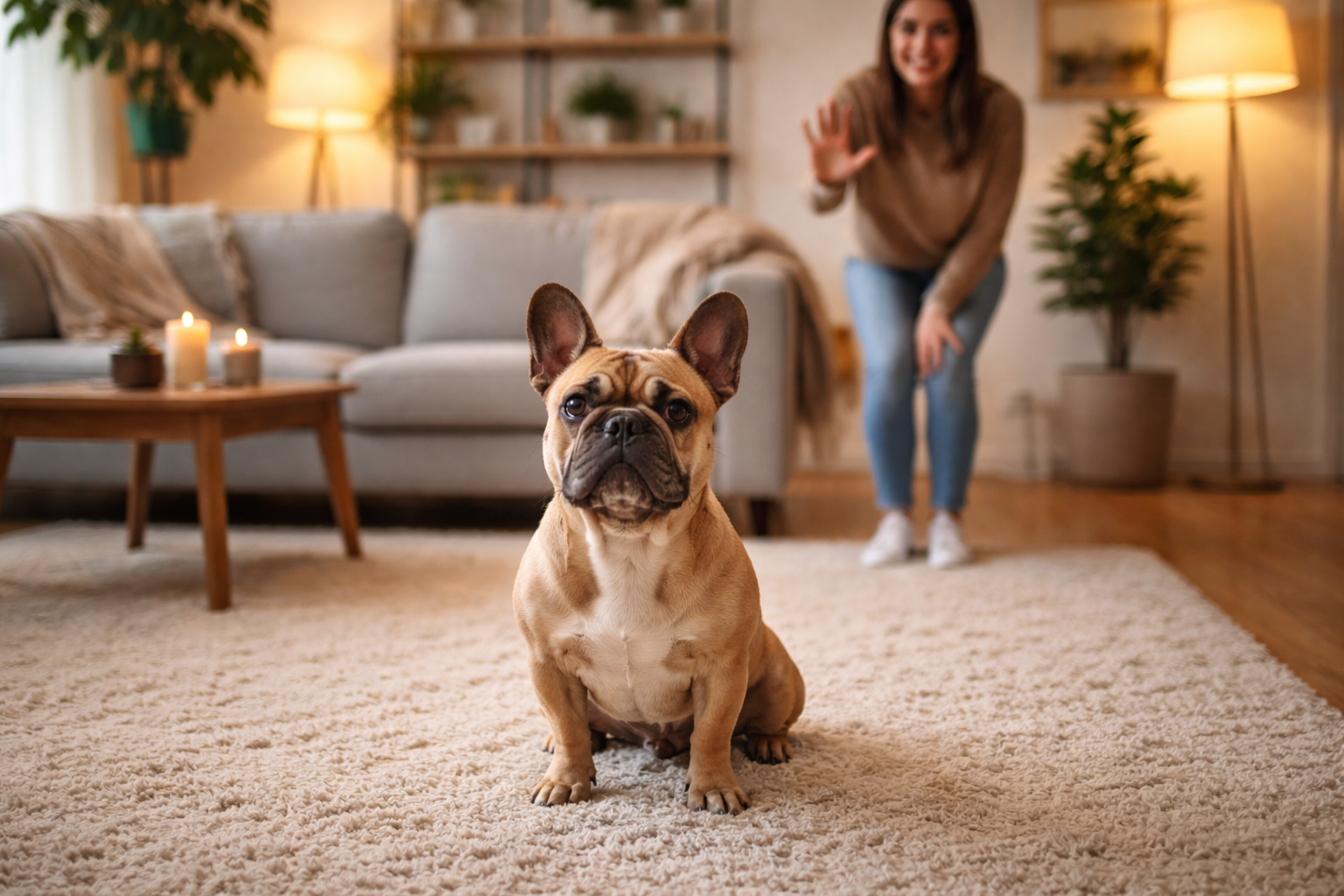 Portrait format (1024x1536) image showing French Bulldog responding to 'stay' command with owner at distance, apartment living room setting,