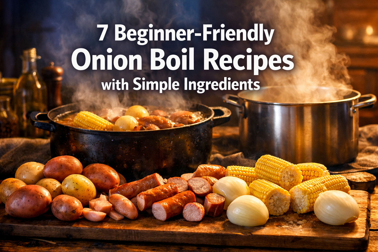 Professional landscape hero image (1536x1024) featuring bold text overlay '7 Beginner-Friendly Onion Boil Recipes with Simple Ingredients' i